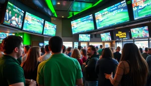 Engaged sports fans enjoying sports betting in California at a vibrant sports bar.