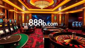 Experience the thrill of gaming at 888b.com with luxurious casino tables and vibrant slot machines.