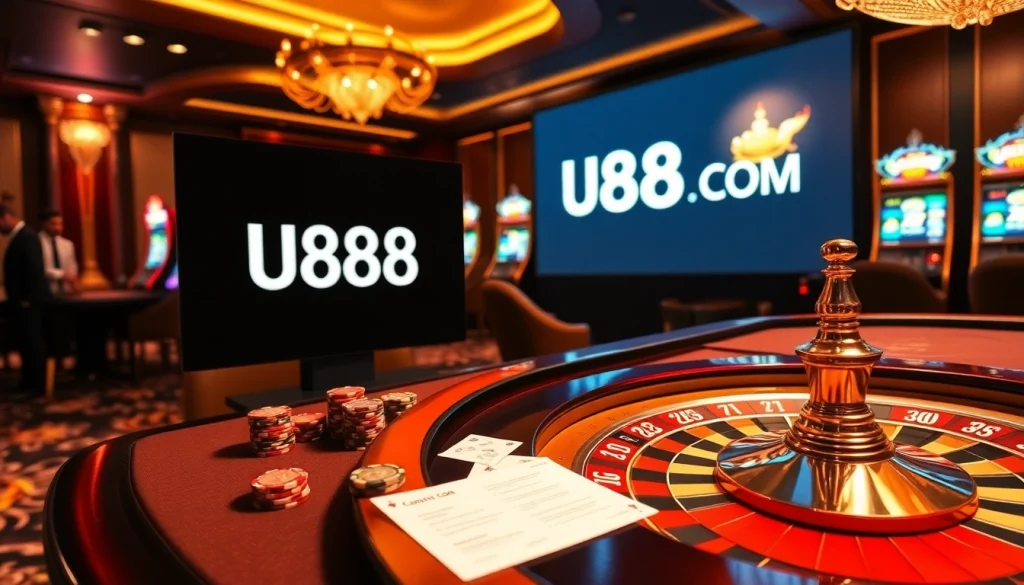 Engaging casino scene with U888 COM branding, showcasing poker, roulette, and vibrant slots.