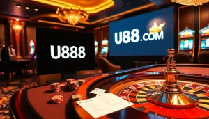 Engaging casino scene with U888 COM branding, showcasing poker, roulette, and vibrant slots.