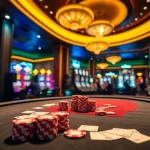 Exciting gambling scene at Vua99 featuring poker chips and vibrant slot machines.