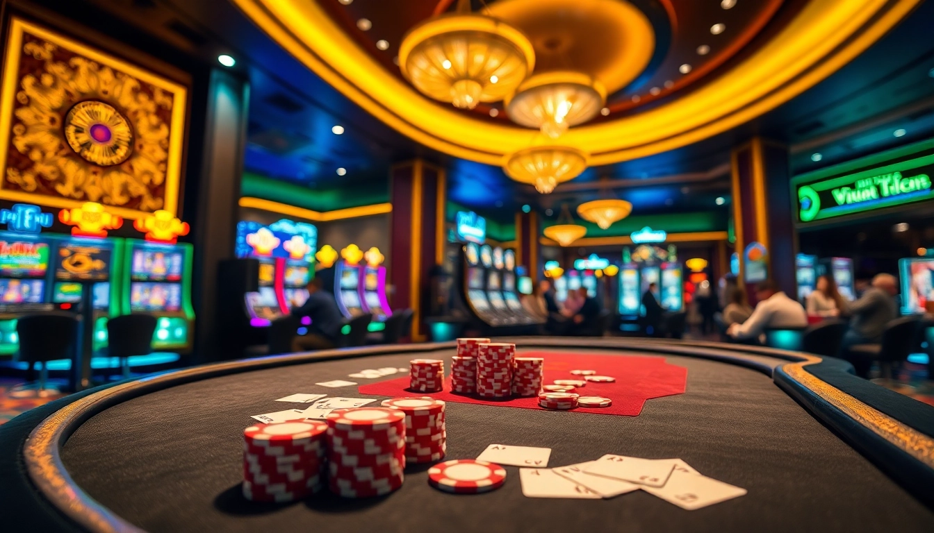 Exciting gambling scene at Vua99 featuring poker chips and vibrant slot machines.