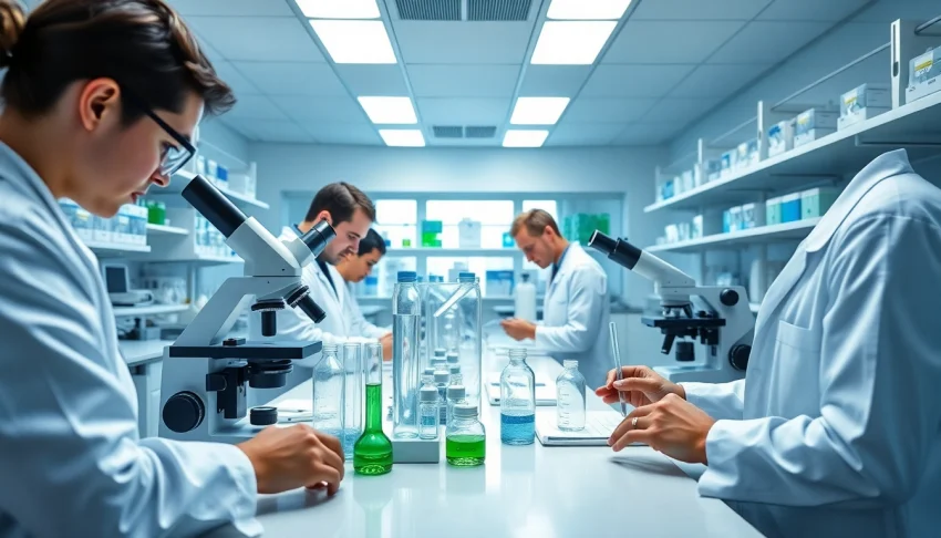 Cannabinoid research laboratory with scientists studying win55, highlighting innovative experiments.