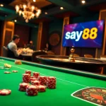 Exciting gaming scene with say88 branding featuring casino tables and poker chips.