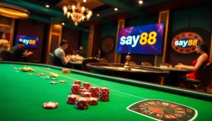 Exciting gaming scene with say88 branding featuring casino tables and poker chips.