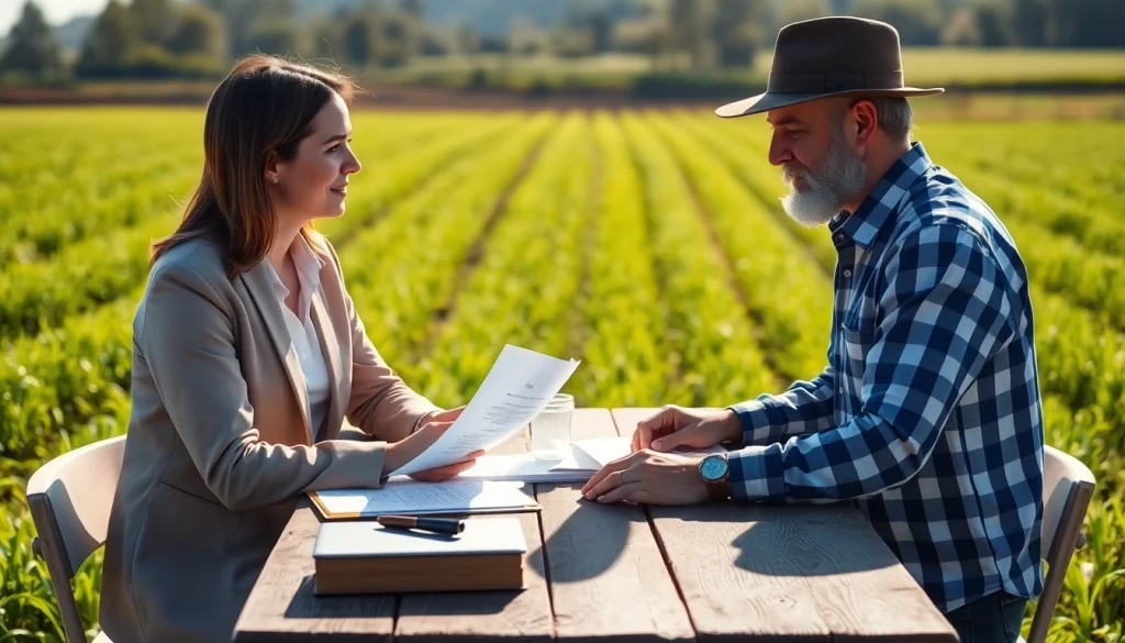 Lawyer advising on agricultural law amid a field setting, emphasizing partnership and professionalism.