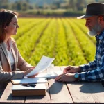 Lawyer advising on agricultural law amid a field setting, emphasizing partnership and professionalism.
