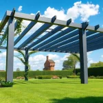 Elevate your garden with a modern steel pergola featuring sleek design and floral accents.