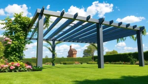 Elevate your garden with a modern steel pergola featuring sleek design and floral accents.