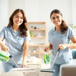 Cleaning service team efficiently cleaning a bright living room with eco-friendly products.