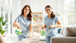 Cleaning service team efficiently cleaning a bright living room with eco-friendly products.