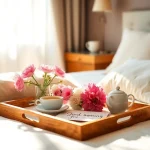 Send a sweet good morning message for her with a beautiful breakfast tray on a cozy bed.