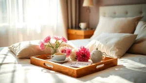 Send a sweet good morning message for her with a beautiful breakfast tray on a cozy bed.