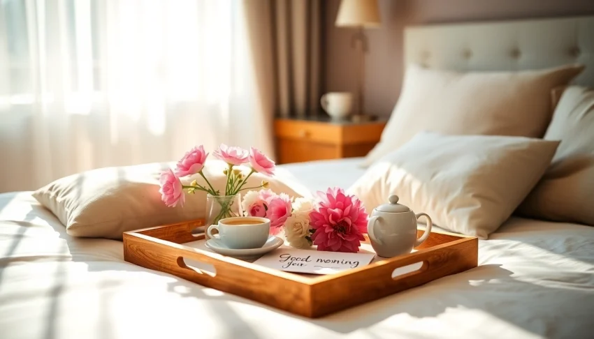 Send a sweet good morning message for her with a beautiful breakfast tray on a cozy bed.