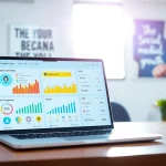 Showcasing an Instagram smm panel with vibrant metrics on a sleek laptop in a motivational workspace.