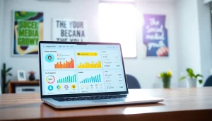 Showcasing an Instagram smm panel with vibrant metrics on a sleek laptop in a motivational workspace.