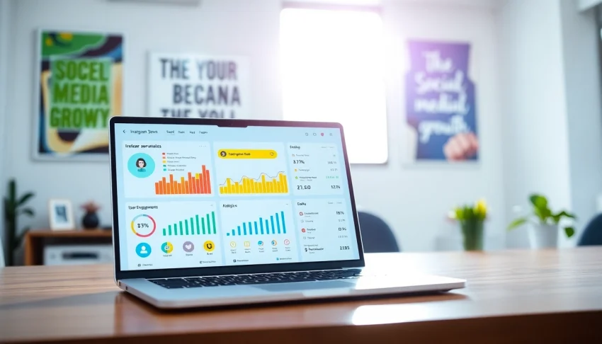 Showcasing an Instagram smm panel with vibrant metrics on a sleek laptop in a motivational workspace.