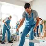 Cleaning service professionals tidying up a modern living room, showcasing teamwork and attention to detail.