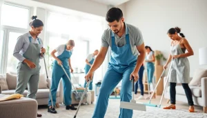 Cleaning service professionals tidying up a modern living room, showcasing teamwork and attention to detail.