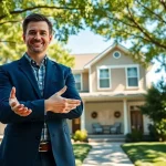 Engaging real estate agent showcasing a well-lit home, inviting potential buyers to explore.