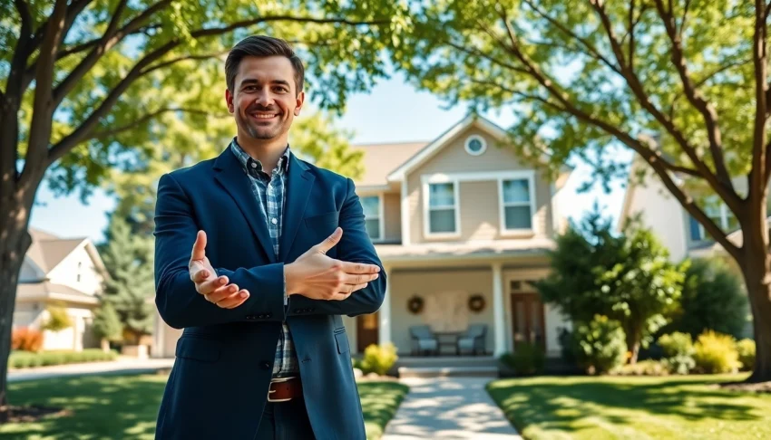 Engaging real estate agent showcasing a well-lit home, inviting potential buyers to explore.