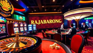 RAJABARONG excitement captured at a luxurious casino with poker players and roulette.