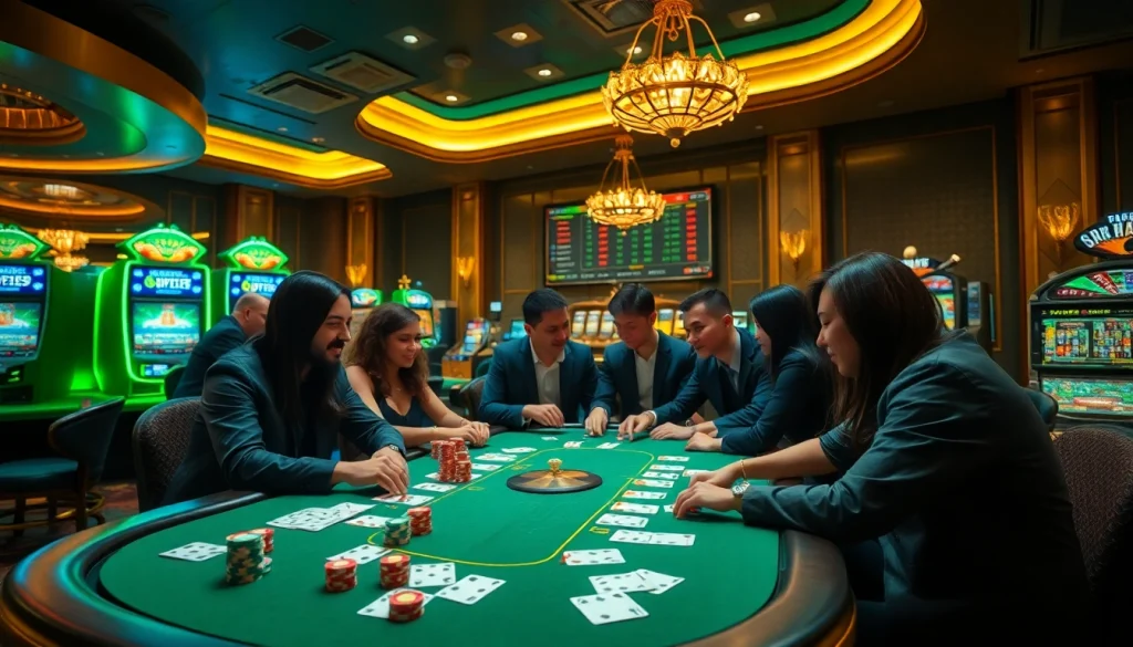 Players enjoying a thrilling poker game at nhà cái qq88 casino, showcasing vibrant chips and cards.