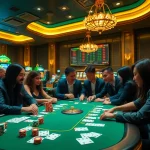 Players enjoying a thrilling poker game at nhà cái qq88 casino, showcasing vibrant chips and cards.