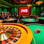 Experience the thrill of JW8 at a luxurious online casino with poker tables and spinning slot machines.