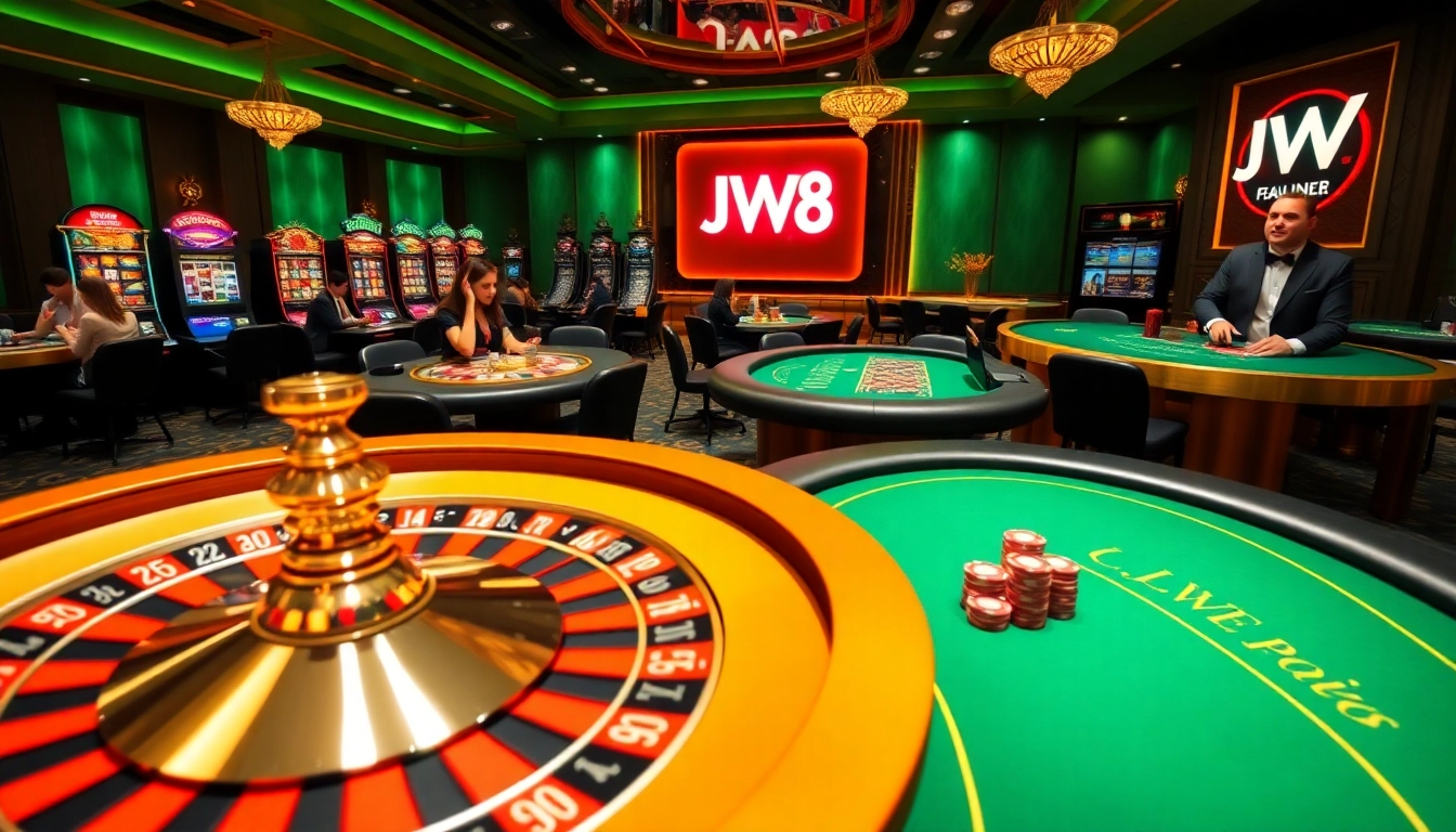 Experience the thrill of JW8 at a luxurious online casino with poker tables and spinning slot machines.