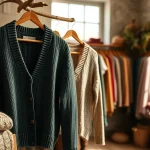 Explore a hand-knitted cardigan from https://www.ound-ound.com in an artisanal boutique setting.