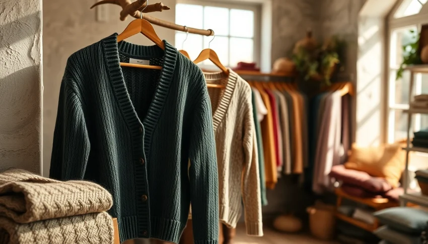 Explore a hand-knitted cardigan from https://www.ound-ound.com in an artisanal boutique setting.