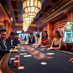 LC88 casino scene with vibrant poker game, roulette wheel, and elegant players.