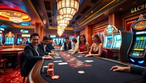 LC88 casino scene with vibrant poker game, roulette wheel, and elegant players.