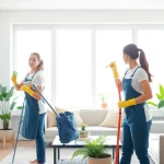 Efficient cleaning service team expertly tidying a modern home.