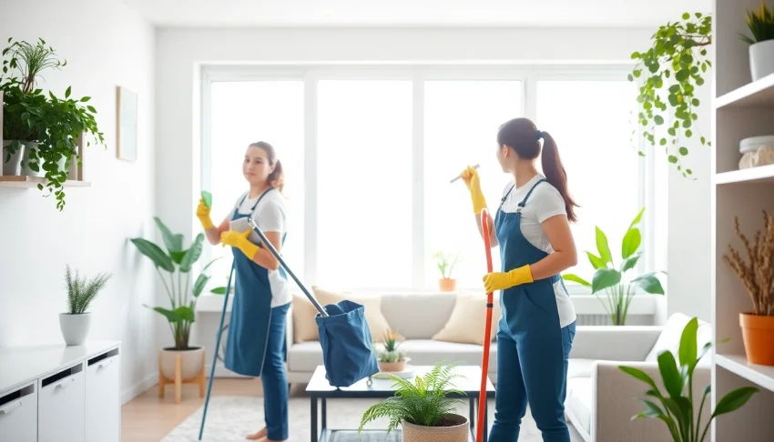Efficient cleaning service team expertly tidying a modern home.