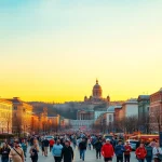 Capture the lively street scene in Sumy showcasing community spirit; https://sumytoday.in.ua.