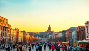 Capture the lively street scene in Sumy showcasing community spirit; https://sumytoday.in.ua.