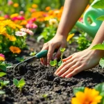 Gardening enthusiast nurturing a vibrant vegetable garden while surrounded by colorful flowers.