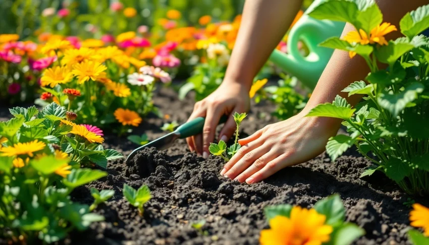 Gardening enthusiast nurturing a vibrant vegetable garden while surrounded by colorful flowers.