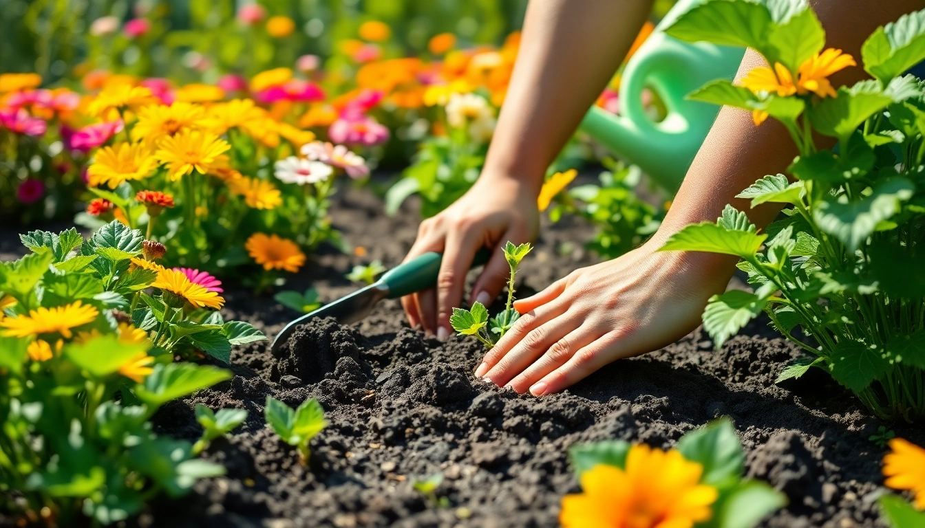 Gardening enthusiast nurturing a vibrant vegetable garden while surrounded by colorful flowers.
