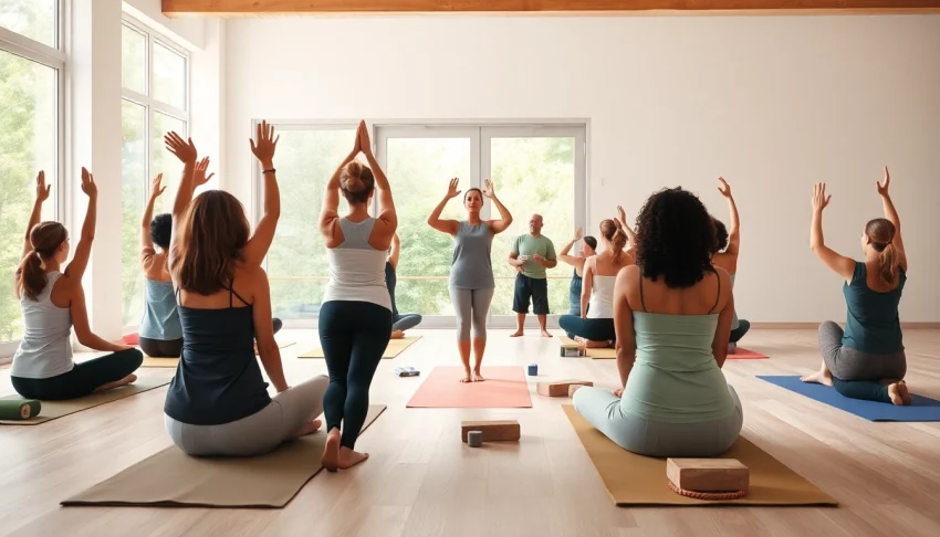Pratique de yoga inspirante sur iletaitunnuage.fr avec un instructeur et des participants divers.