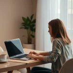 trabajos desde casa: persona concentrada en su computadora portátil, ambiente acogedor y cálido.