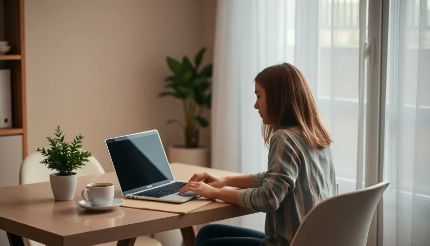 trabajos desde casa: persona concentrada en su computadora portátil, ambiente acogedor y cálido.