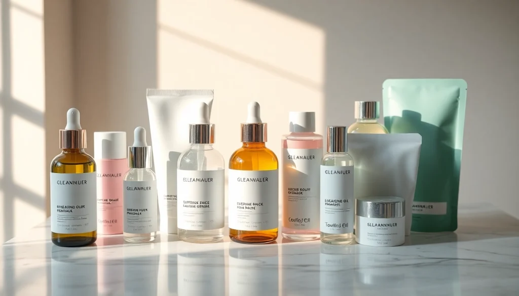 Koreansk hudvård i Sverige visas vackert med högkvalitativa K-Beauty-produkter på en marmorbänkskiva.