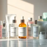 Koreansk hudvård i Sverige visas vackert med högkvalitativa K-Beauty-produkter på en marmorbänkskiva.