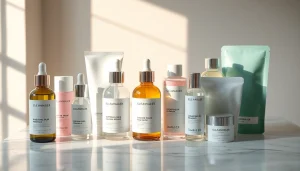 Koreansk hudvård i Sverige visas vackert med högkvalitativa K-Beauty-produkter på en marmorbänkskiva.