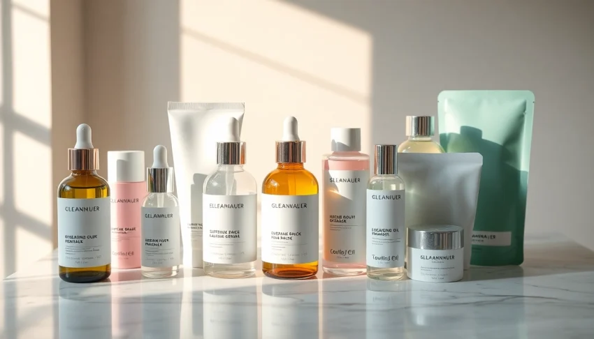 Koreansk hudvård i Sverige visas vackert med högkvalitativa K-Beauty-produkter på en marmorbänkskiva.