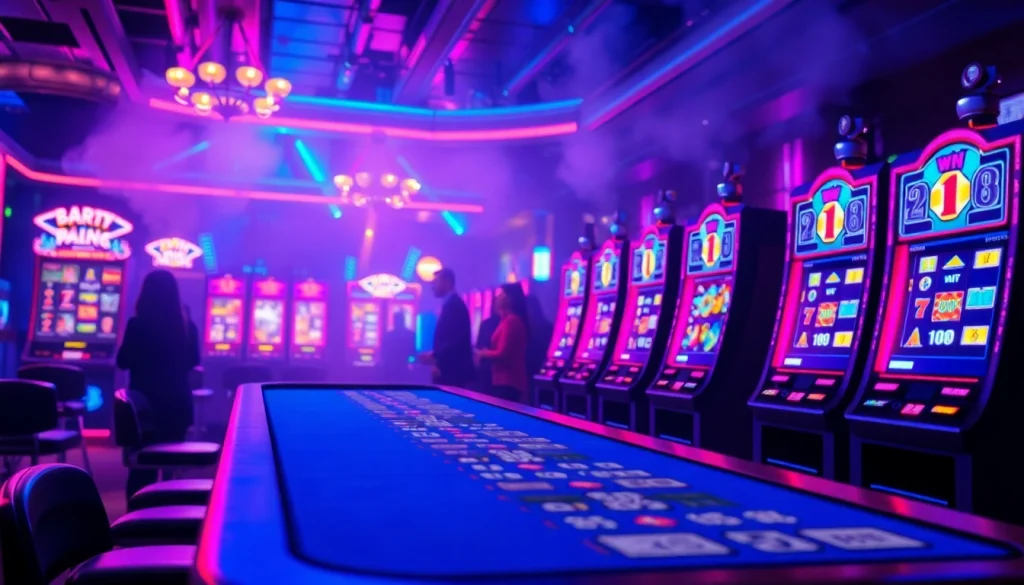 Tampilkan slot depo 5k dengan suasana permainan yang penuh energi dan warna neon.