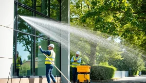 nizkotlačno čiščenje fasade in eco-friendly cleaning team at work on a building